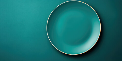 pefect empty plate on flat deep teal background, Generative AI