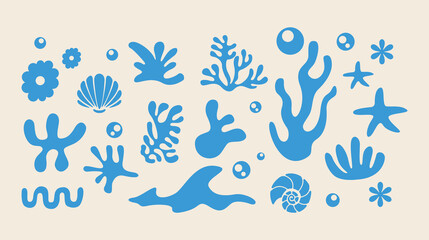 marine life illustration pattern vector coral, shell, scallop, starfish, deep sea background layout 