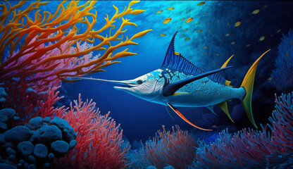 Wall Mural - under water colorful coral reef with a swordfish