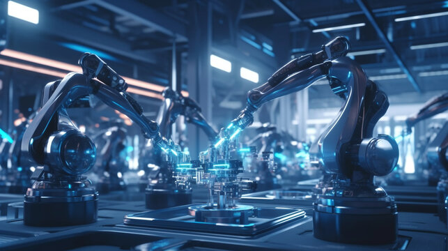Industrial robot arms manufacturing in a factory, robot production line