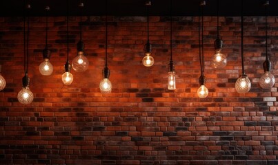 Sticker -  a bunch of light bulbs hanging from a brick wall in a restaurant.  generative ai