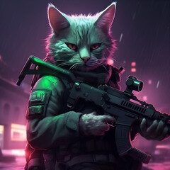 Wall Mural - A cat with pink eyes, wearing black military suit and holding an assault rifle in his hands