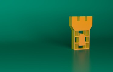 Sticker - Orange Castle tower icon isolated on green background. Fortress sign. Minimalism concept. 3D render illustration