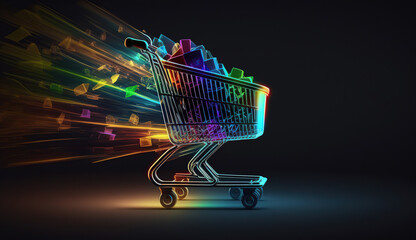 Illustration of shopping cart and cardboard boxes, online store concept, background. Generative AI