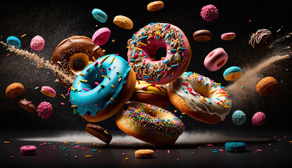 Sweet food background. Set of different glazed donuts. Generative Ai