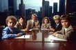 © August - Children at a board room table. Concept: Business starts early. Generative AI