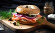  a bagel sandwich on a wooden cutting board with onions, tomatoes, and olives.  generative ai