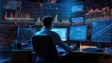 Wall Mural - corporate stock trader sitting on hin chair, stock trader workstation, serious stock trader, cryptocurrency trader, corporate stock trader, wall street trader, stock trading charts and graphs