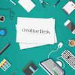 © doublealpha - Office workplace top view. Illustration of modern business office or workspace in flat style. Template infographic or advertising banner concept. Copy space.