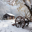 A snow covered field with a wagon wheel and a cabin in the background Generative Ai