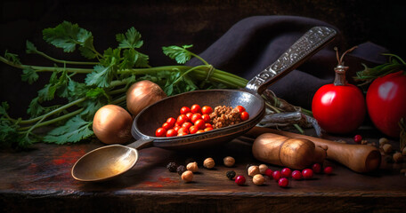 vegetables and spices on a black background with a spoon