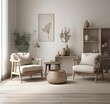 © Kowit - interior living room, wall mockup in a white room with wooden furniture and lots of green plants, 3d render, 3d illustration. Generative Ai.