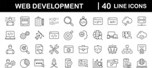 Web Development Set Of Web Icons In Line Style. Developer Icons For Web And Mobile App. Code, Api, Programmer Coding, App, Flow, Node Connect, Web Coder, Bug Fix And More. Vector Illustration