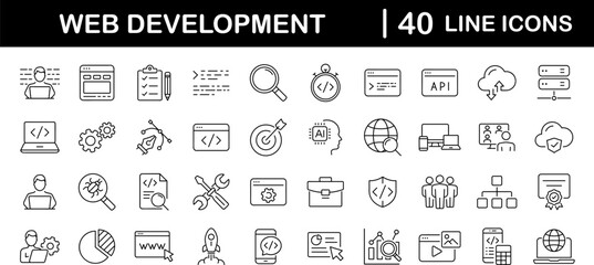 Fototapete - Web development set of web icons in line style. Developer icons for web and mobile app. Code, api, programmer coding, app, flow, node connect, web coder, bug fix and more. Vector illustration
