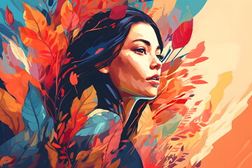 Wall Mural - Image of woman's face with autumn leaves around her and her hair blowing in the wind. Generative AI.