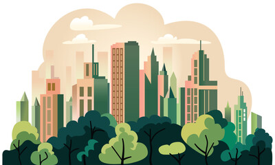 Flat design cityscape, modern vector illustration of simple city skyline with trees and bushes, skyscrapers, clouds