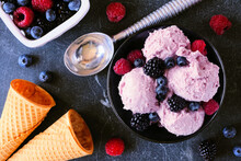 Bowl Of Field Berry Ice Cream. Top Down View Table Scene Over A Dark Slate Background.