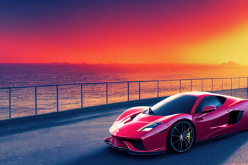 Wall Mural - Red exotic sports car in California at the beach at sunset, generative AI