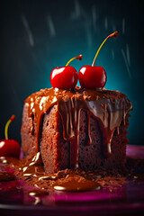 Wall Mural - Piece of cake with chocolate icing and cherries on top of it. Generative AI.