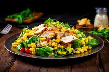 Sticker - Plate of salad with chicken, corn, and lettuce on wooden table. Generative AI.