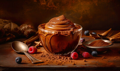 Sticker - Bowl of chocolate pudding with raspberries and spoon next to it. Generative AI.