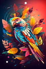 Poster - Colorful bird sitting on top of tree filled with leaves and flowers. Generative AI.