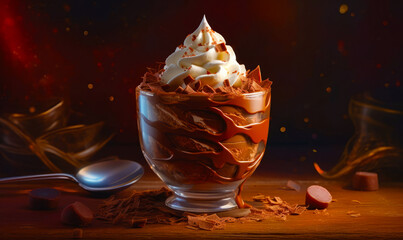 Wall Mural - Chocolate dessert in glass with whipped cream and chocolate shavings. Generative AI.