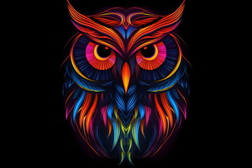 Poster - Colorful owl with big eyes on black background with long tail. Generative AI.