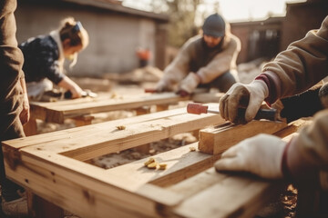 Group of young people build a structure for a wooden house together