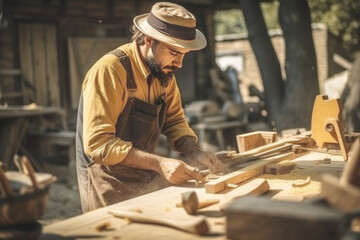 Wall Mural - Carpenter working on wooden plank, making a wooden house, Generative ai