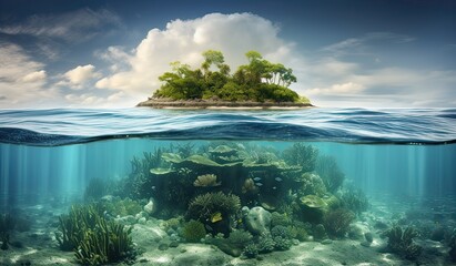 Tropical Island And Coral Reef - Split View With Waterline. Beautiful underwater view of lone small island above and below the water surface in turquoise waters of tropical ocean. Generative Ai.