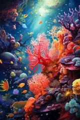 Wall Mural - Colorful underwater world with corals and fish. Generative AI