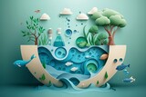 Fototapeta  - Prace z papieru Ekologia i światowy dzień wody, oszczędzanie wody i światowy dzień środowiska, ochrona środowiska i oszczędzanie wód gruntowych