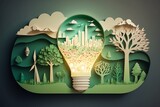 Fototapeta  - Prace z papieru żarówka z zielonym eko miastem, Energia odnawialna do 2050 r. Energia neutralna pod względem emisji dwutlenku węgla emisja gazów cieplarnianych CO2, Koncepcja kreatywnego pomysłu 