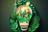 Fototapeta  - Prace z papieru żarówka z zielonym eko miastem, Energia odnawialna do 2050 r. Energia neutralna pod względem emisji dwutlenku węgla emisja gazów cieplarnianych CO2, Koncepcja kreatywnego pomysłu 