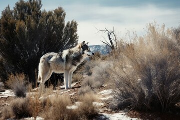 Poster - Lone wolf howls in the deteriorating wilderness, searching for a mate. Generative AI