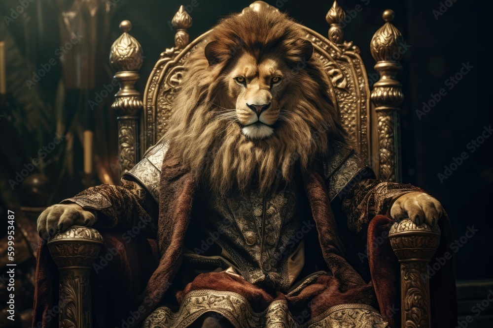 Royal lion wears king costume sitting on a throne closeup. Generative ...