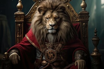 royal lion wears king costume sitting on a throne closeup. generative ai