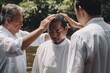 Two pastors baptize a man in the name of Christ. Baptism religion concept. Generative Ai..