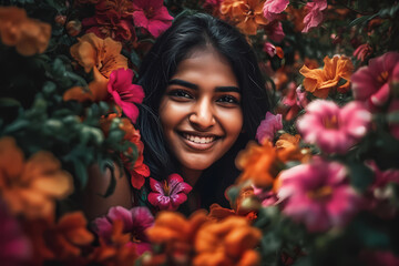 Wall Mural - Portrait of an Indian girl hiding in a bunch of flowers, Smiling face, Generative AI