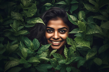 Wall Mural - Image of an Indian girl hiding in the tree leaves, nature lover, smiling face, Generative AI