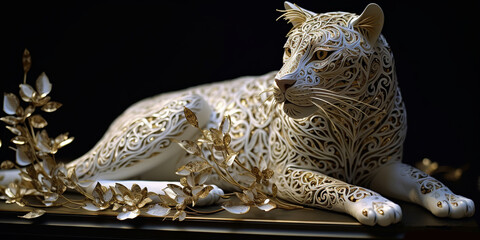 Quilling mystical French Panther with white and gold flow. Isolated on a black background. Premium award background.