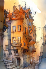 Poster - Watercolor sketch of cityscape. Street of an old european city. Cute cartoon illustration in watercolor style. Generative AI