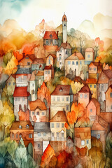 Wall Mural - Autumn urban scenery. Cute cartoon illustration in watercolor style. Generative AI