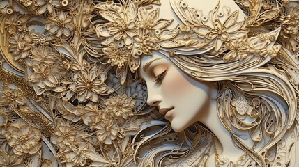 Wall Mural - Abstract quilling mystical french woman for decoration design. Abstract beautiful light background. Futuristic shape background. Black background. Premium award background. Travel background.