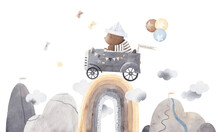 The Bear In The Car Rides On The Rainbow. Mountain Landscape. Bear Rushes To The Party. Watercolor Illustration.