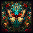  Adorable butterfly stained glass window digital art. Generative AI