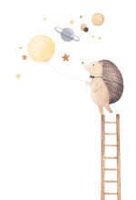 Watercolor Illustration. Hedgehog Plays With A Balloon. Hedgehog Sees A Fantastic Dream About Space. Children's Poster. Decor For A Children's Room.