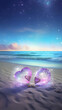 Two cute fashionable purple hearts on a beach background. Generative ai