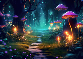 Wall Mural - A path that leads to a separate world in the depths of the forest. Wonderful environment for fairy tale illustrations and even wallpaper.Magic fairytale forest with fireflies lights.AI generated illus